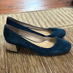 Karl Lagerfeld Navy Velvet Now Silver Block Heel Loafers US 9.5